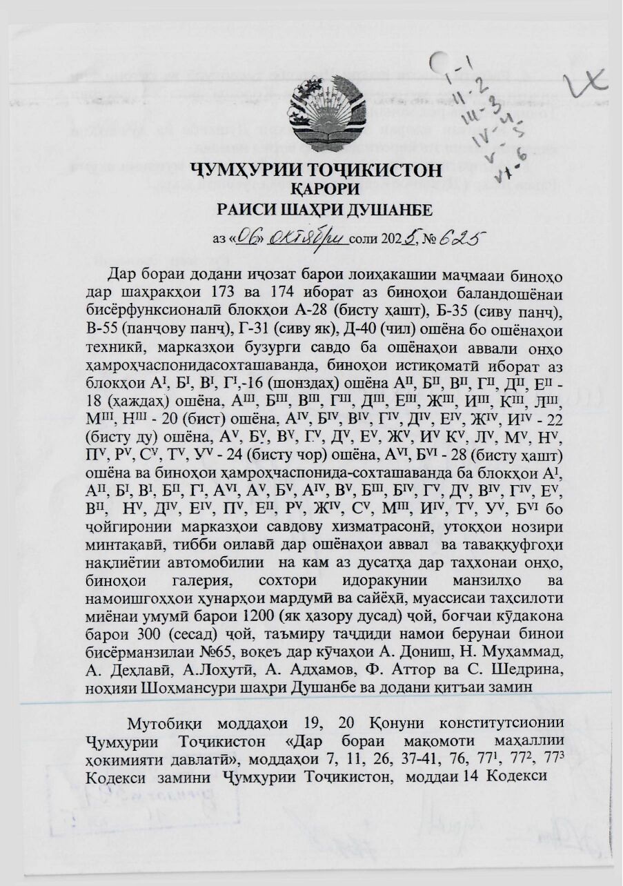 Пешнамоиши: Қарори Раиси ш. Душанбе оиди лоиҳакашӣ